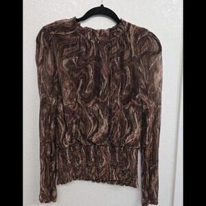 Joie Long Sleeve Smocked Brown Metallic Printed Blouse Size L Lined Lightweight